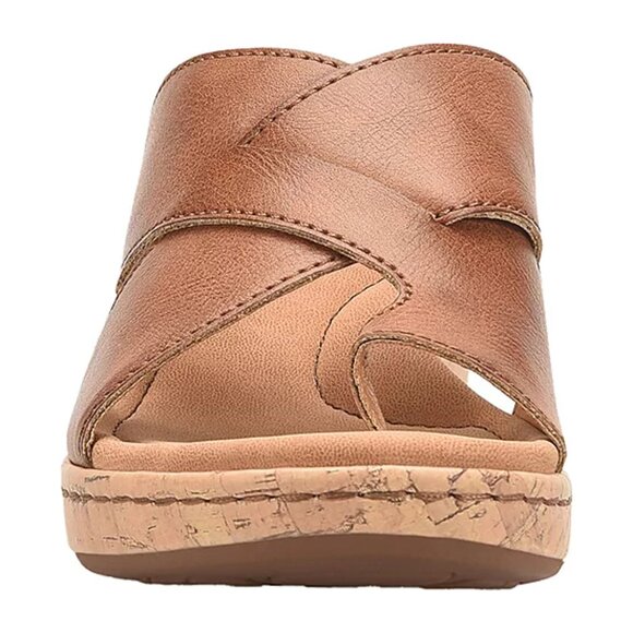 Sandals 11 M b.o.c by Born Tan Summer Slide Wedge Open Tie Shoe Comfort Shoe New - Picture 3 of 6